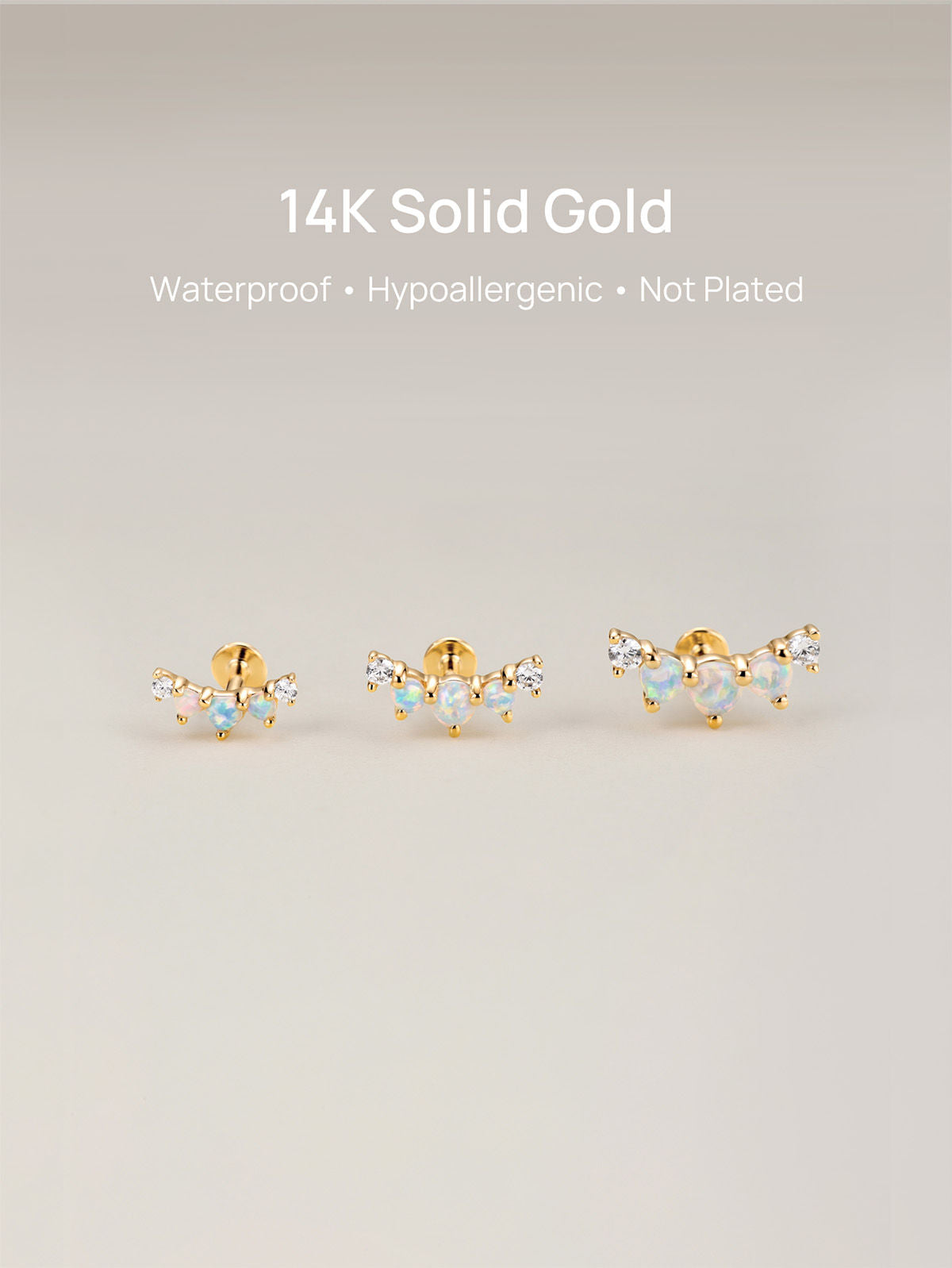 KOSINER 14K Solid Gold Three-Stone Opal Cluster Curved Flat Back Piercing Stud, Nickel-Free Waterproof Dainty Rainbow Opal Cartilage Earring for Multi Ear Stack Piercing