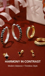 KOSINER Puzzle collection hoop earrings displayed on burgundy background, zebra stripe hoops, two-tone black & white pave stone huggie hoops, matching geometric triangle stud earrings, slogan Harmony In Contrast, modern contrasting animal print & stone-set earring collection