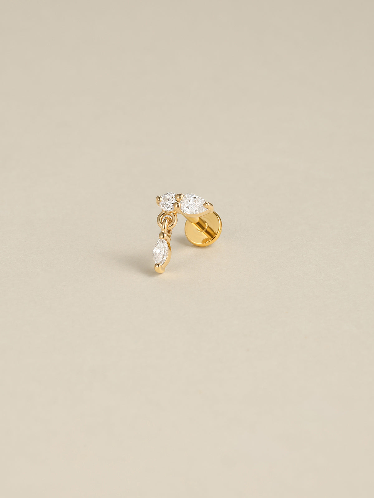 14K solid gold delicate dangle flat back stud, pear round marquise cut CZ dangling labret piercing earring, cream minimalist background