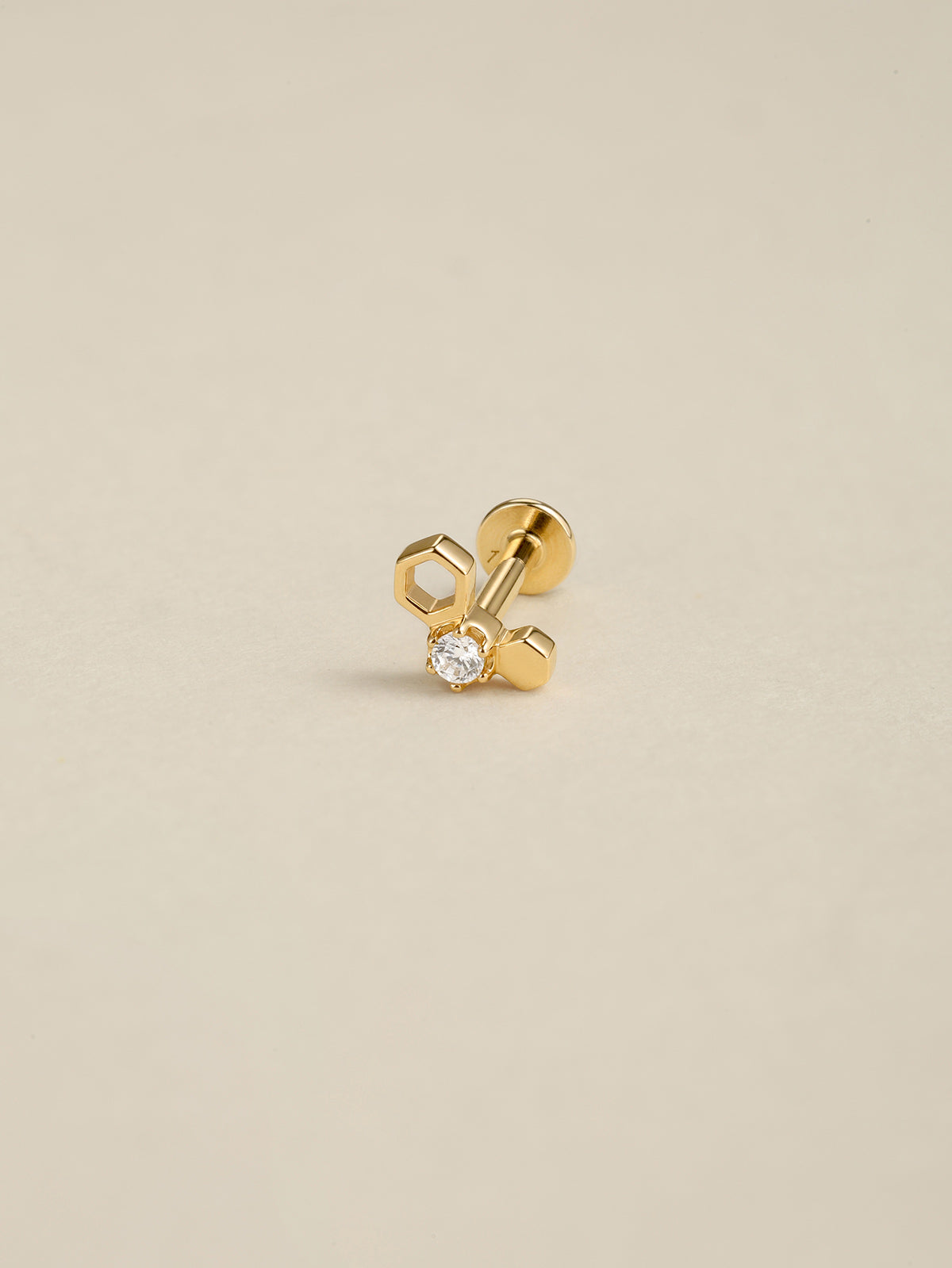 14K solid gold honeycomb flat back stud earring, round cubic zirconia geometric hexagon cartilage piercing jewelry, front close-up shot on cream neutral background
