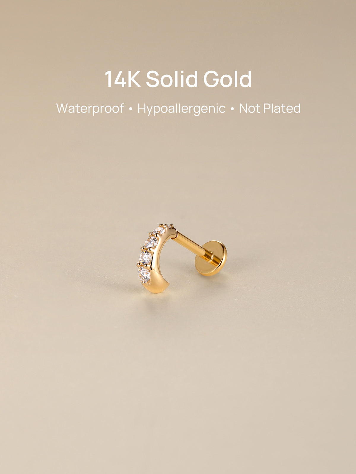 KOSINER 14K solid gold pavé CZ C-curve flat back stud on soft reflective neutral backdrop, text overlay: 14K Solid Gold, Waterproof, Hypoallergenic, Not Plated premium body piercing jewelry