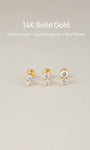 KOSINER 14K Solid Gold Double Clear CZ Ear Stud, Internally Threaded Flat Back Piercing Jewelry