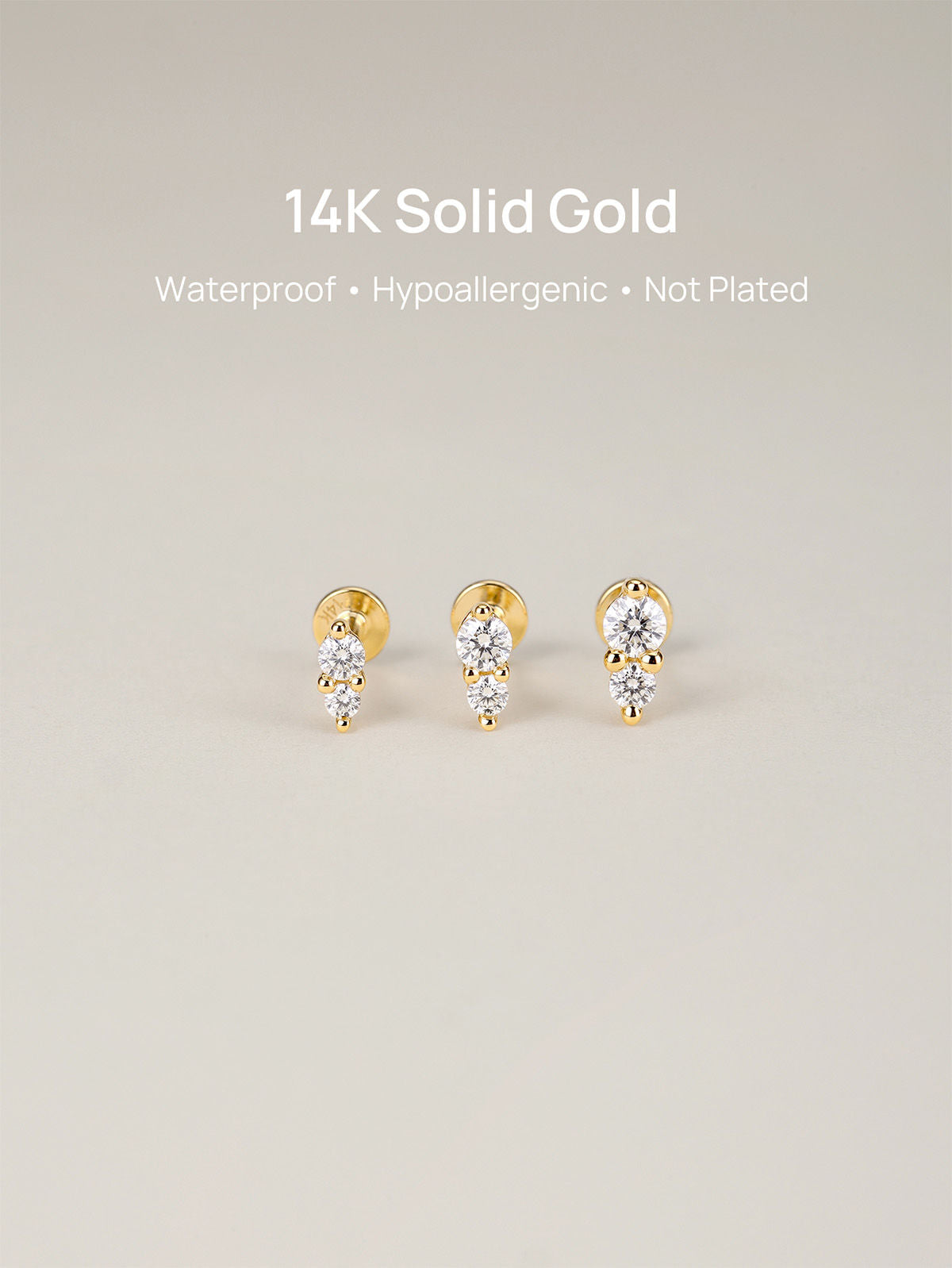 KOSINER 14K Solid Gold Double Clear CZ Ear Stud, Internally Threaded Flat Back Piercing Jewelry