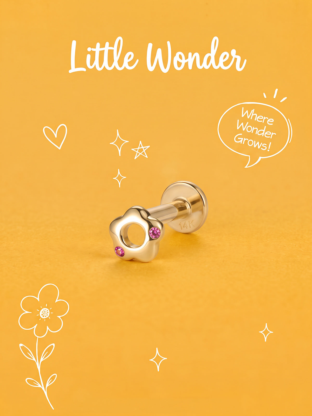 Little Wonder 14K solid gold openwork flower stud on an orange background