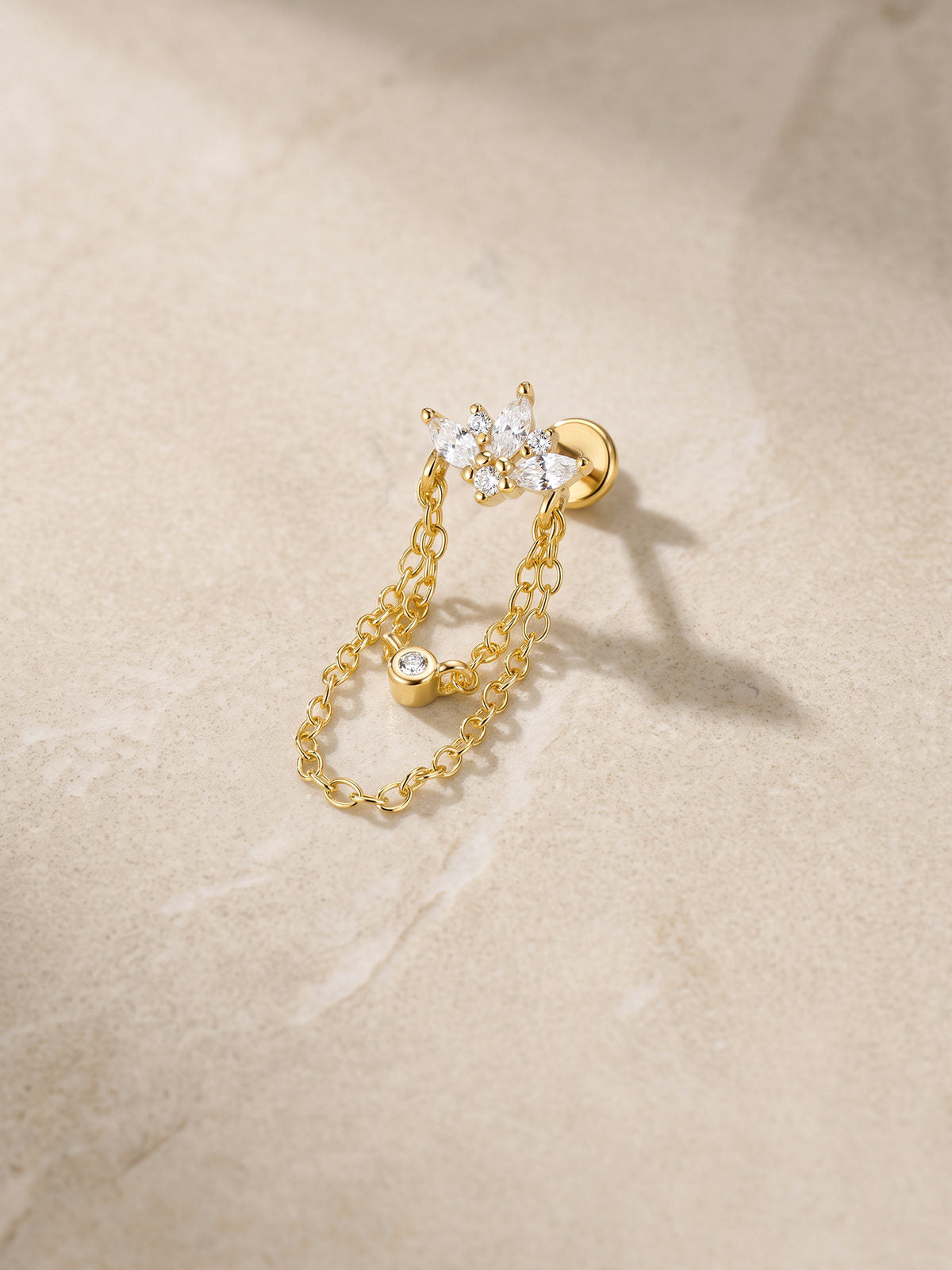 At Dawn lotus chain dangle flat back stud with marquise-cut clear stones