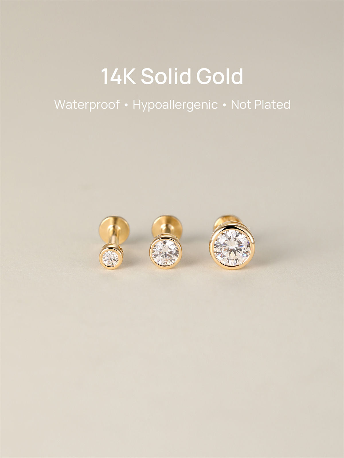 KOSINER 14K Solid Gold Dainty Bezel Flat Back Stud Waterproof Hypoallergenic Piercing Jewelry