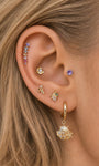 Mixed stack look of KOSINER Orchard fruit & sea series, banana cartilage stud paired with gradient rainbow stone, seashell dangle hoop, purple solitaire piercing studs