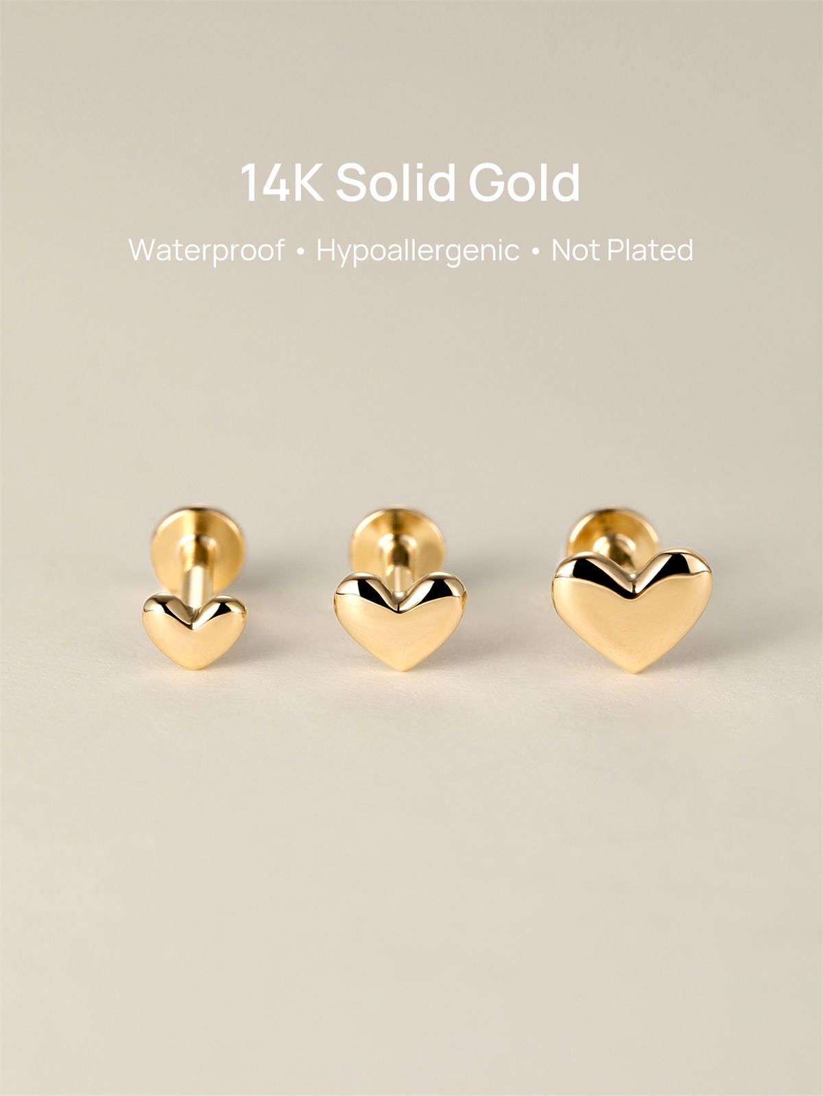 KOSINER 14K Solid Gold Dainty SweetHeart Flat Back Stud,waterproof, hypoallergenic, nickel-free, no plating
