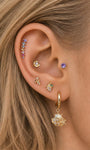 Mixed stack ear look combining KOSINER Orchard fruit & sea collection, grape cartilage stud paired with banana, gradient rainbow stone, seashell dangle hoop, purple single gem piercings