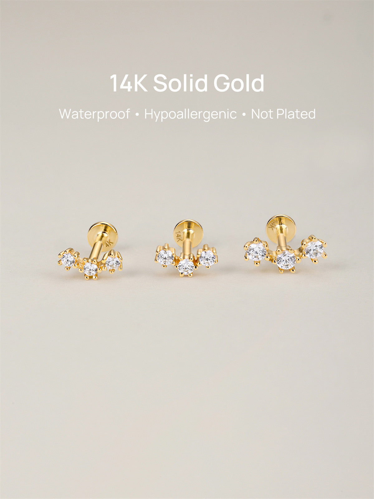 KOSINER 14K Solid Gold Triple-Point Cluster Flat Back Stud, Hypoallergenic Cartilage Earring for Helix Piercing
