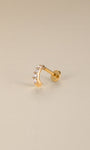 KOSINER 14K solid gold pavé CZ C-curve flat back stud on soft reflective neutral backdrop, text overlay: 14K Solid Gold, Waterproof, Hypoallergenic, Not Plated premium body piercing jewelry