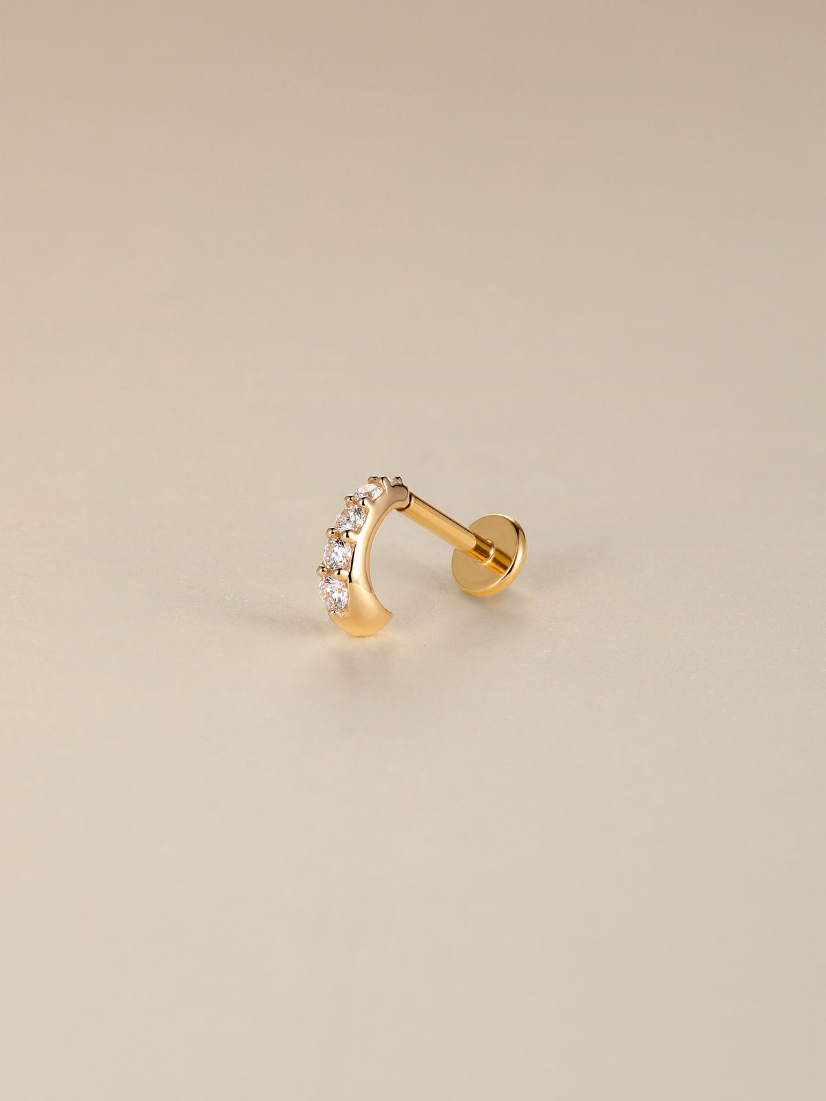 KOSINER 14K solid gold pavé CZ C-curve flat back stud on soft reflective neutral backdrop, text overlay: 14K Solid Gold, Waterproof, Hypoallergenic, Not Plated premium body piercing jewelry