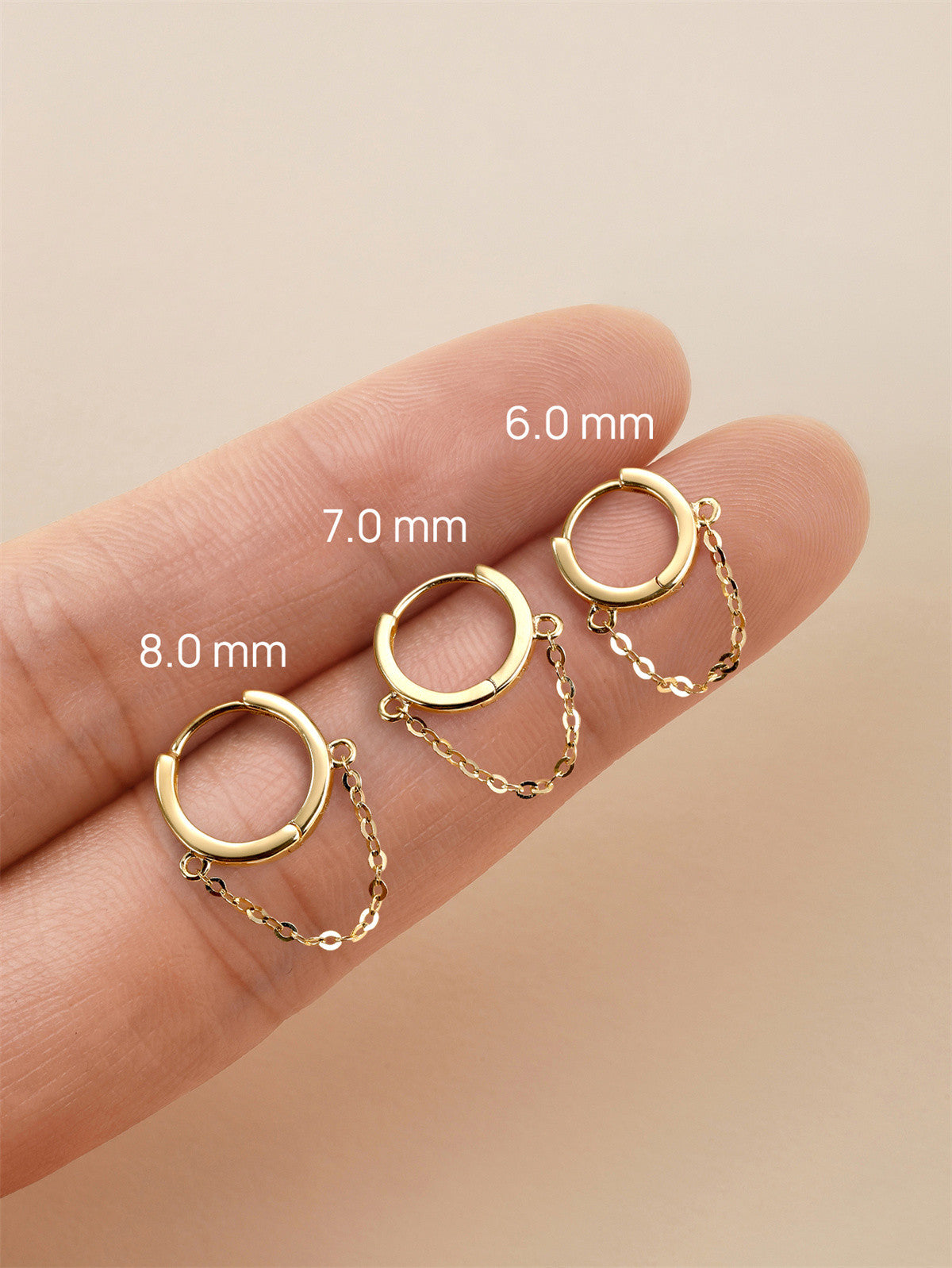 KOSINER Chain Drop Hoop Size Guide (6.0/7.0/8.0mm), 14K Gold Huggie Piercing Earring
