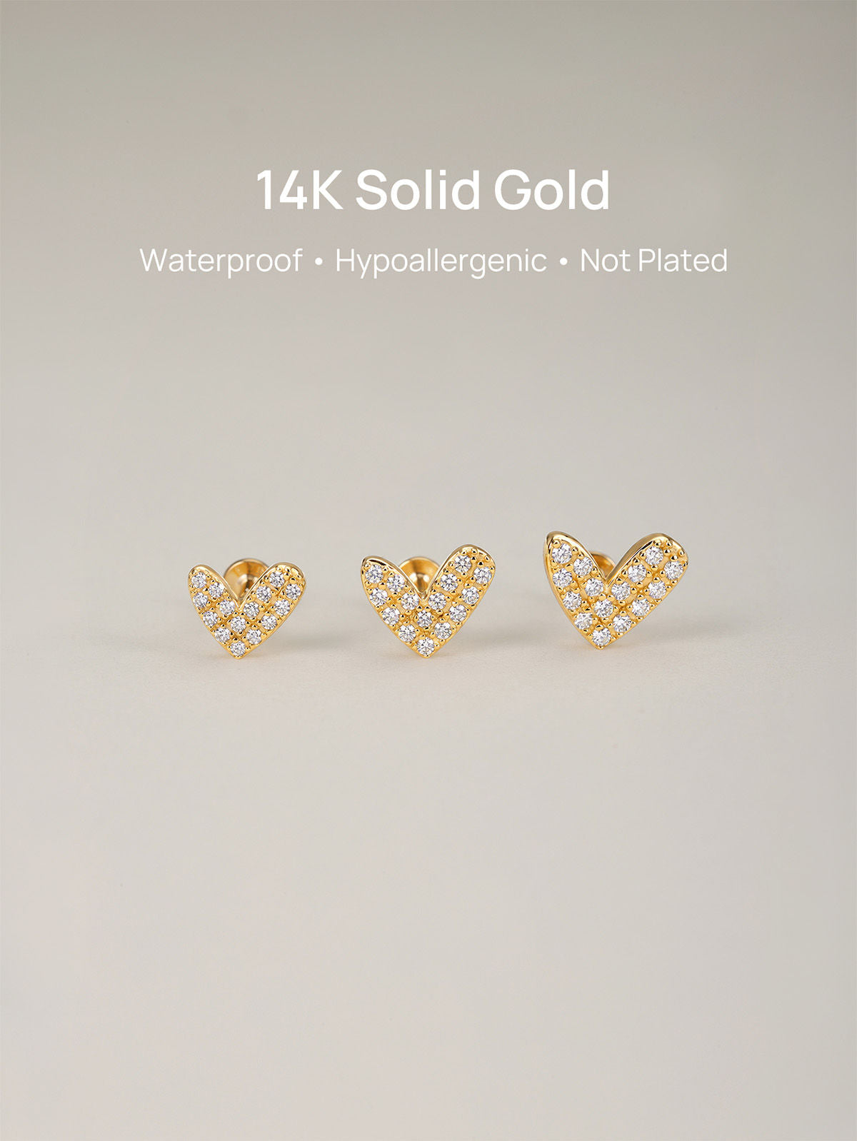KOSINER 14K Solid Gold Delicate Pave Heart Flat Back Stud, Nickel-Free Waterproof Sleep Friendly Dainty Cartilage Piercing Jewelry for Women