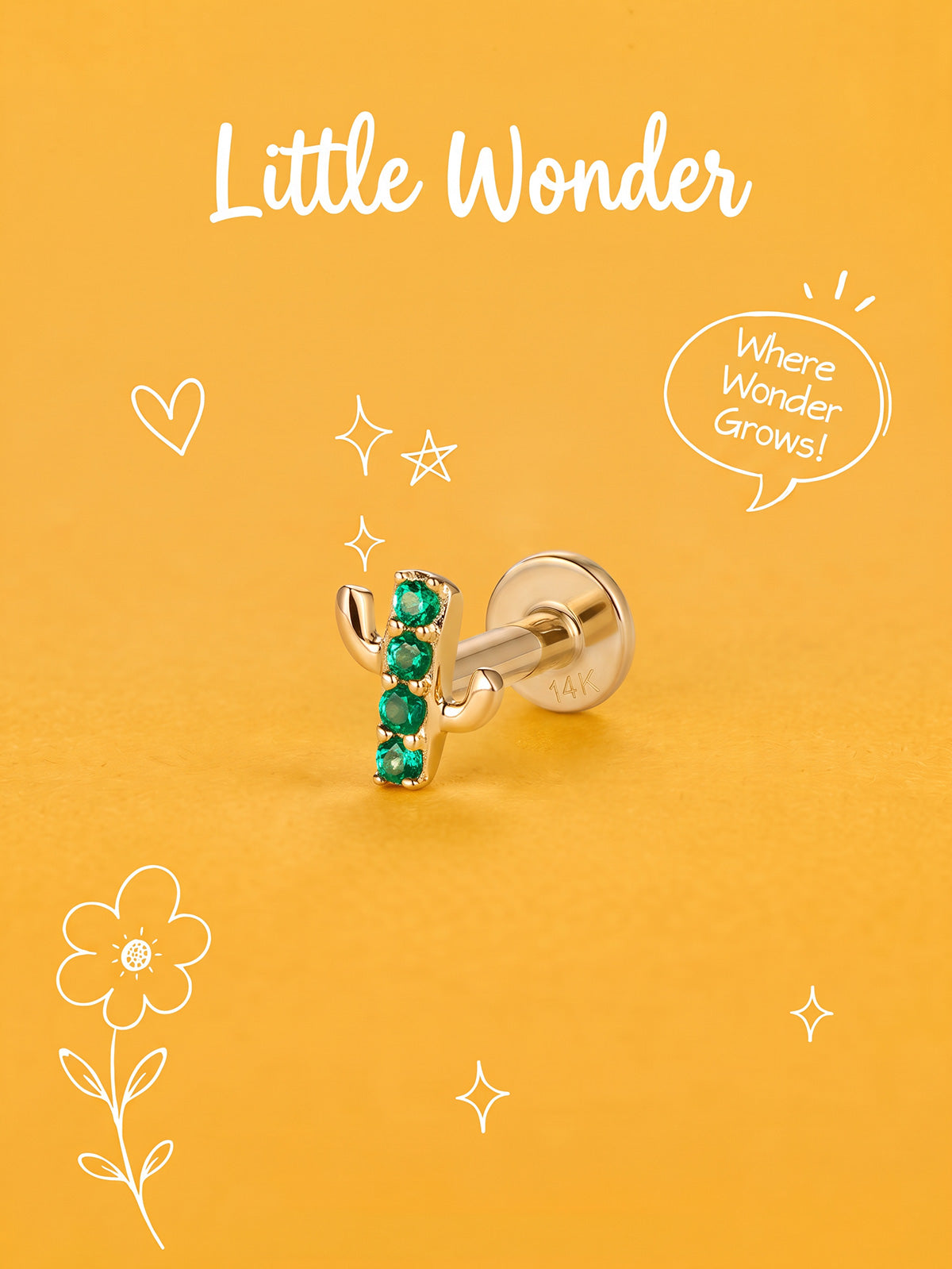 Little Wonder 14K solid gold cactus flat back stud on an orange background