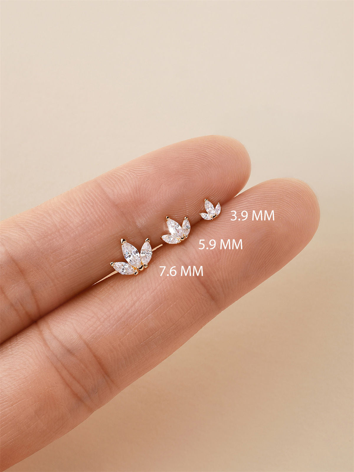 Gold marquise trio flat back stud, safe for sensitive skin, waterproof for everyday wear