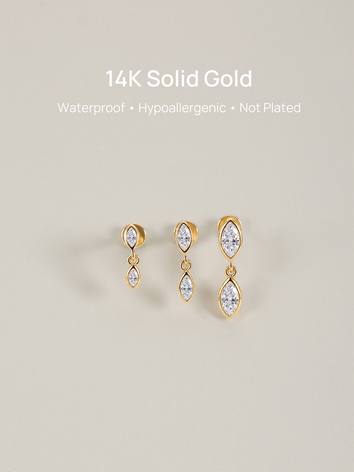 KOSINER 14K Solid Gold Dual Bezel Marquise Dangle Flat Back Stud, Nickel-Free Waterproof Elegant Dainty Multi Piercing Jewelry for Women