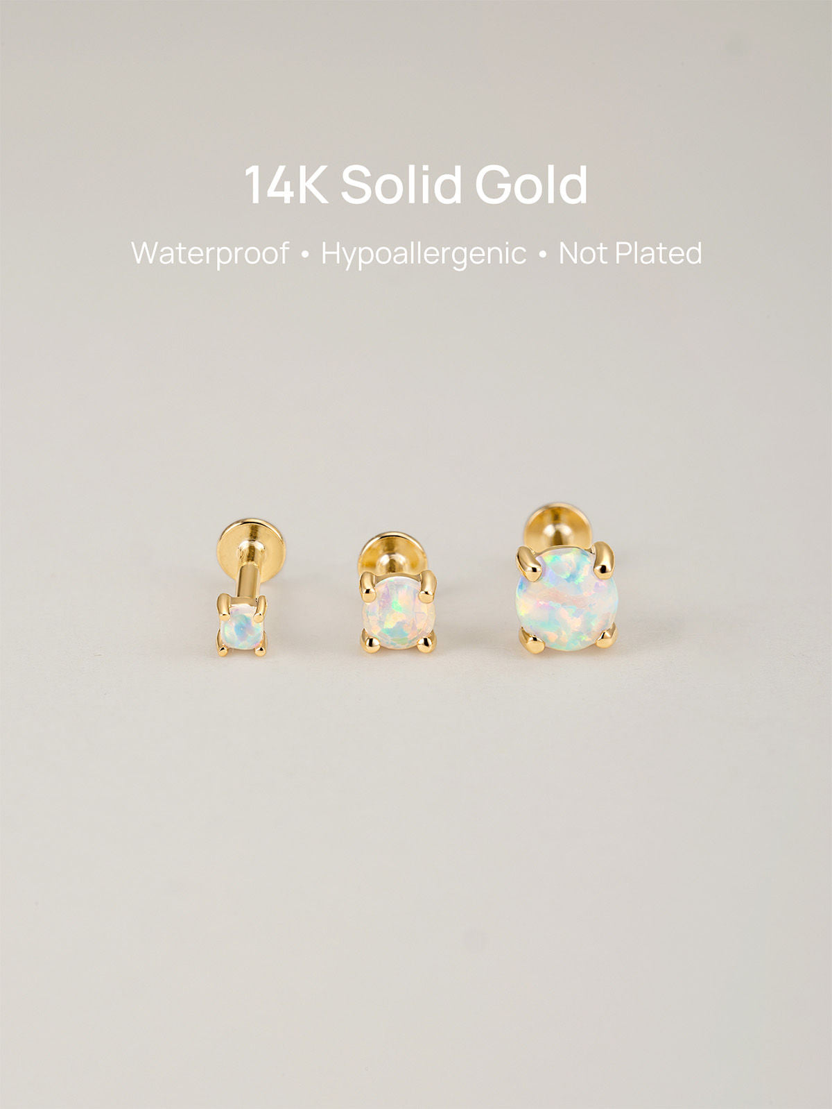 KOSINER 14K Solid Gold Minimal Round Prong-Set Opal Flat Back Piercing Stud, Nickel-Free Waterproof Tiny Rainbow Opal Cartilage Earring for Multi Ear Stack Piercing