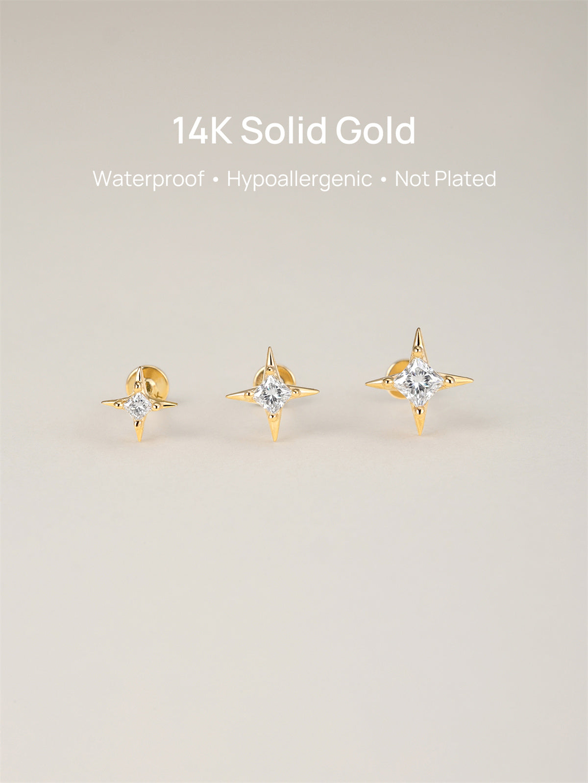KOSINER Four-Point Star Stud Ear Stack, 14K Gold Helix Conch Piercing Jewelry for Women, Waterproof & Sleep-Friendly