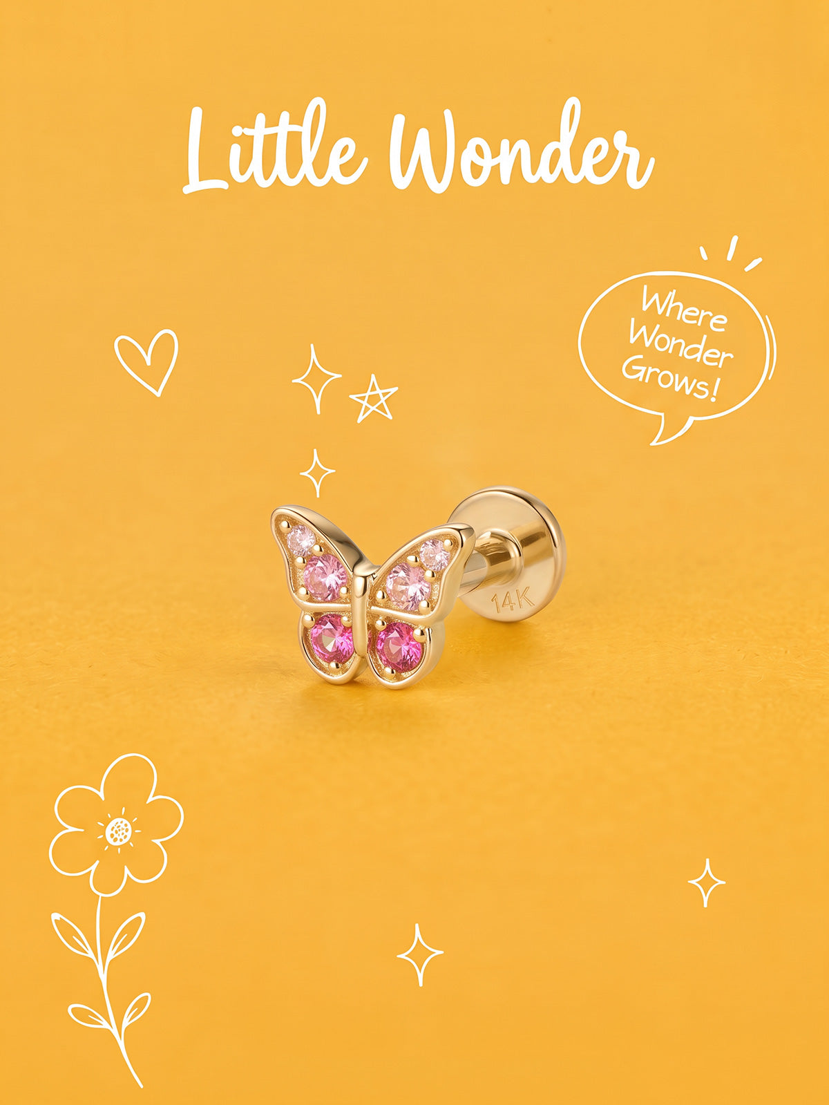 Little Wonder 14K solid gold butterfly flat back stud on an orange background