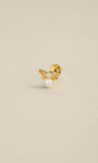 14K solid gold tiny bee flat back stud earring, pear cut cubic zirconia dainty bee cartilage piercing jewelry, close-up front view on neutral beige background