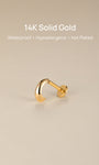 KOSINER 14K solid gold minimalist C-curve flat back stud displayed on reflective neutral backdrop, text overlay: 14K Solid Gold, Waterproof, Hypoallergenic, Not Plated premium body piercing jewelry