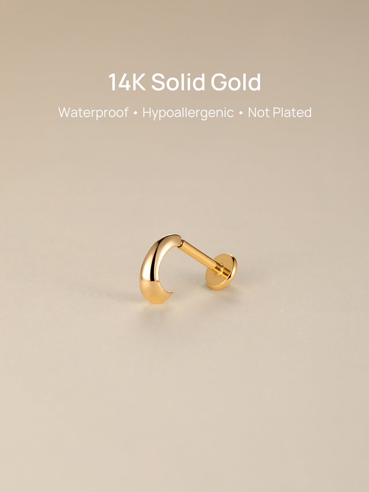 KOSINER 14K solid gold minimalist C-curve flat back stud displayed on reflective neutral backdrop, text overlay: 14K Solid Gold, Waterproof, Hypoallergenic, Not Plated premium body piercing jewelry