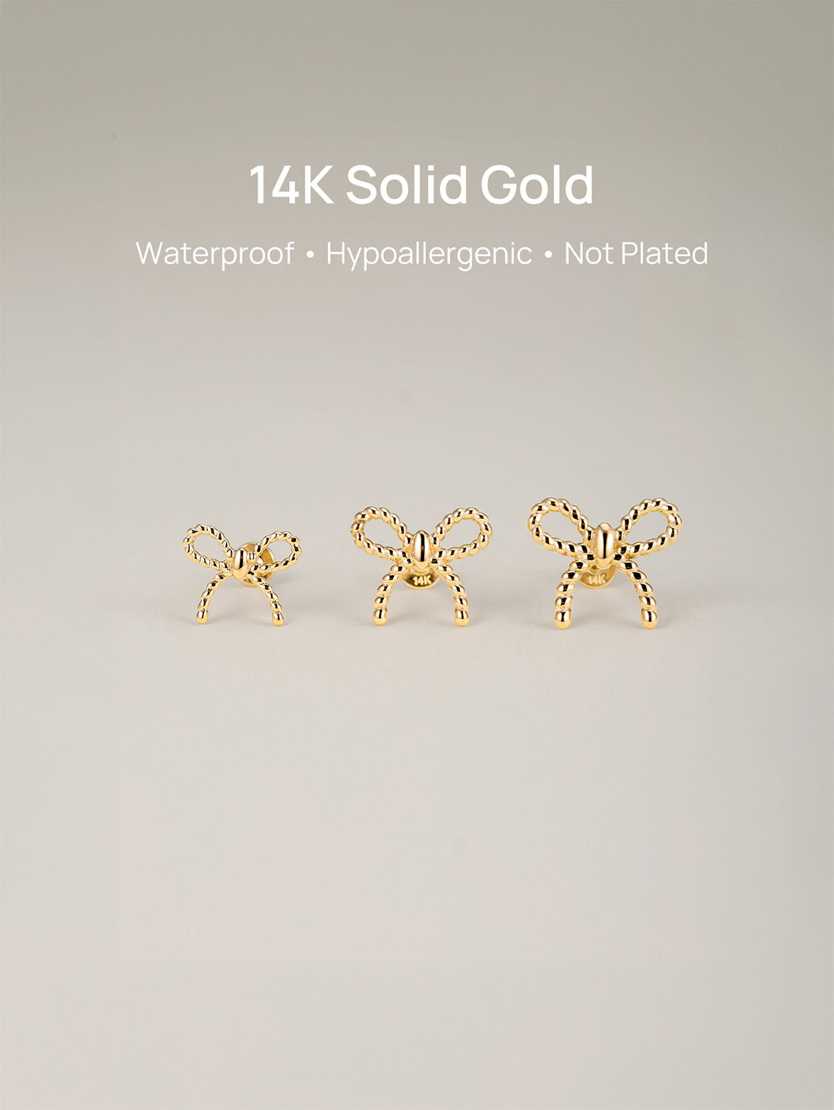 KOSINER 14K Solid Gold Elegant Textured Bowknot Flat Back Stud, Nickel-Free Waterproof Sleep Friendly Dainty Multi Piercing Jewelry for Women | 8/9/10mm