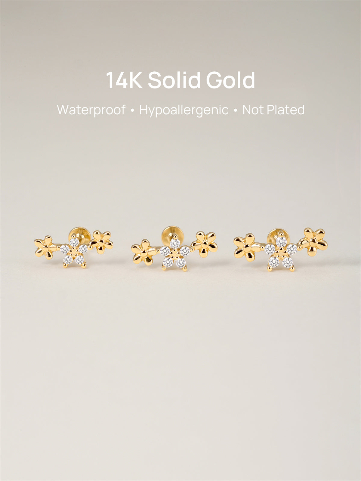 KOSINER Flower Trio Stud Ear Stack, 14K Gold Helix Conch Piercing Jewelry for Women, Waterproof & Sleep-Friendly