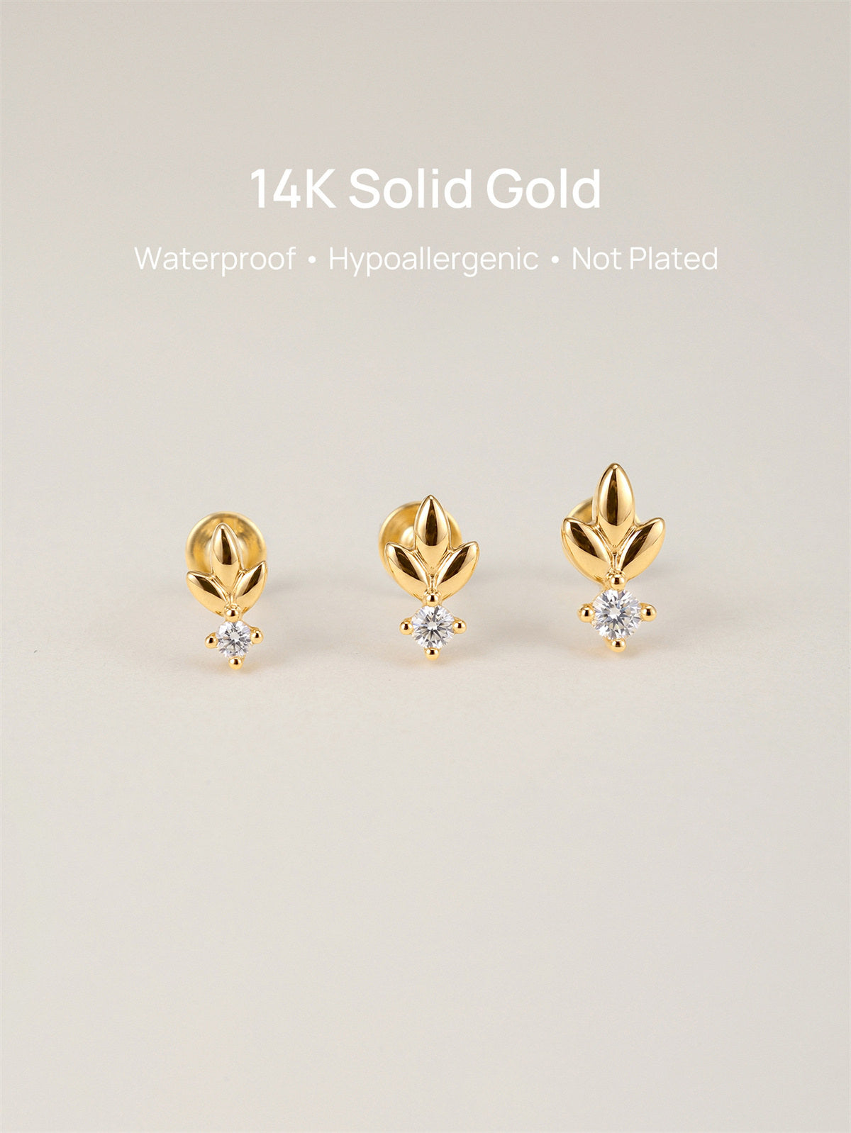 KOSINER Leaf Stud Ear Stack, 14K Gold Helix Conch Piercing Jewelry for Women, Waterproof & Sleep-Friendly