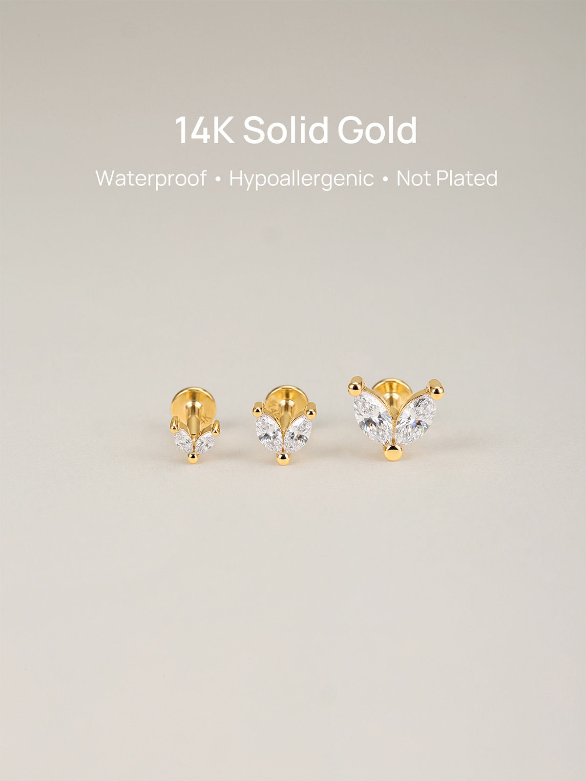 KOSINER 14K Solid Gold Minimal Marquise CZ Butterfly Wing Flat Back Piercing Stud, Nickel-Free Waterproof Dainty Elegant Cartilage Earring for Multi Piercing Stack