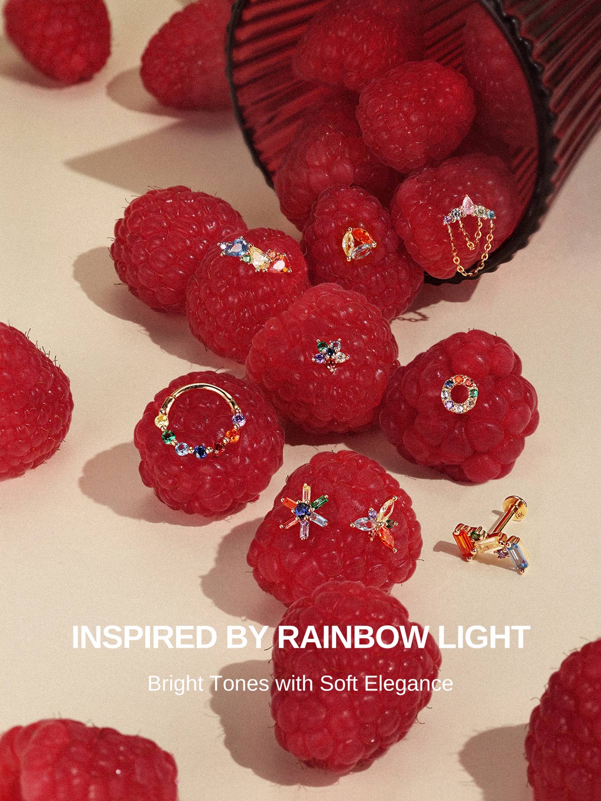 Layered full-ear stacking styling with KOSINER rainbow light collection, tricolor marquise flat back stud matched with assorted colorful cartilage piercings for helix and lobe layout