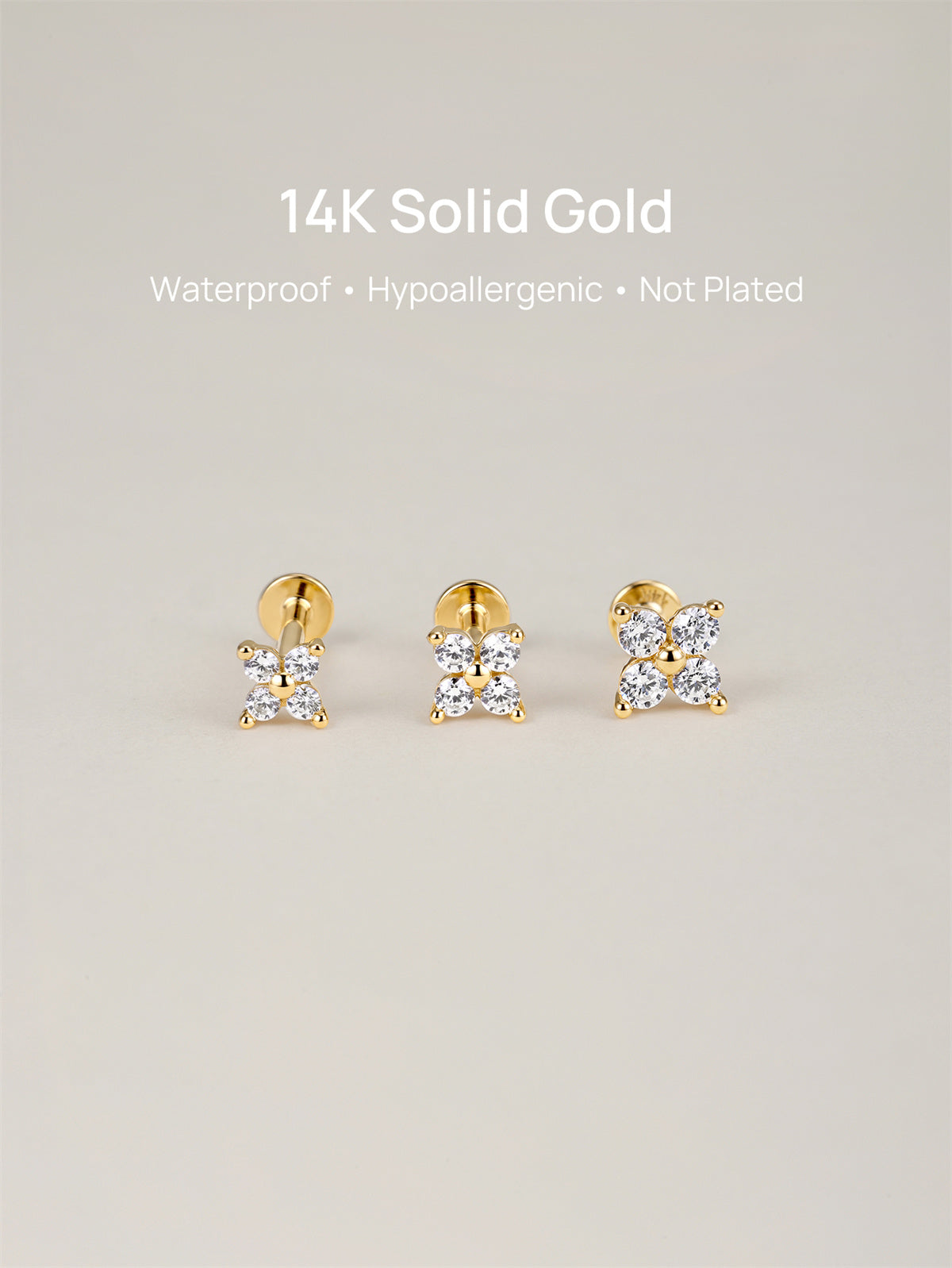 KOSINER 14K Solid Gold Four-Petal Flower Flat Back Stud, 3/3.5/4mm sizes, waterproof hypoallergenic for helix conch piercings