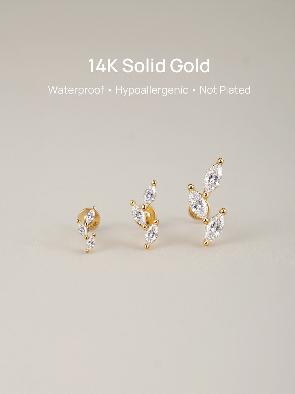 KOSINER 14K Solid Gold Three Marquise Leaf Flat Back Stud, Nickel-Free Waterproof Elegant Dainty Multi Piercing Jewelry for Women