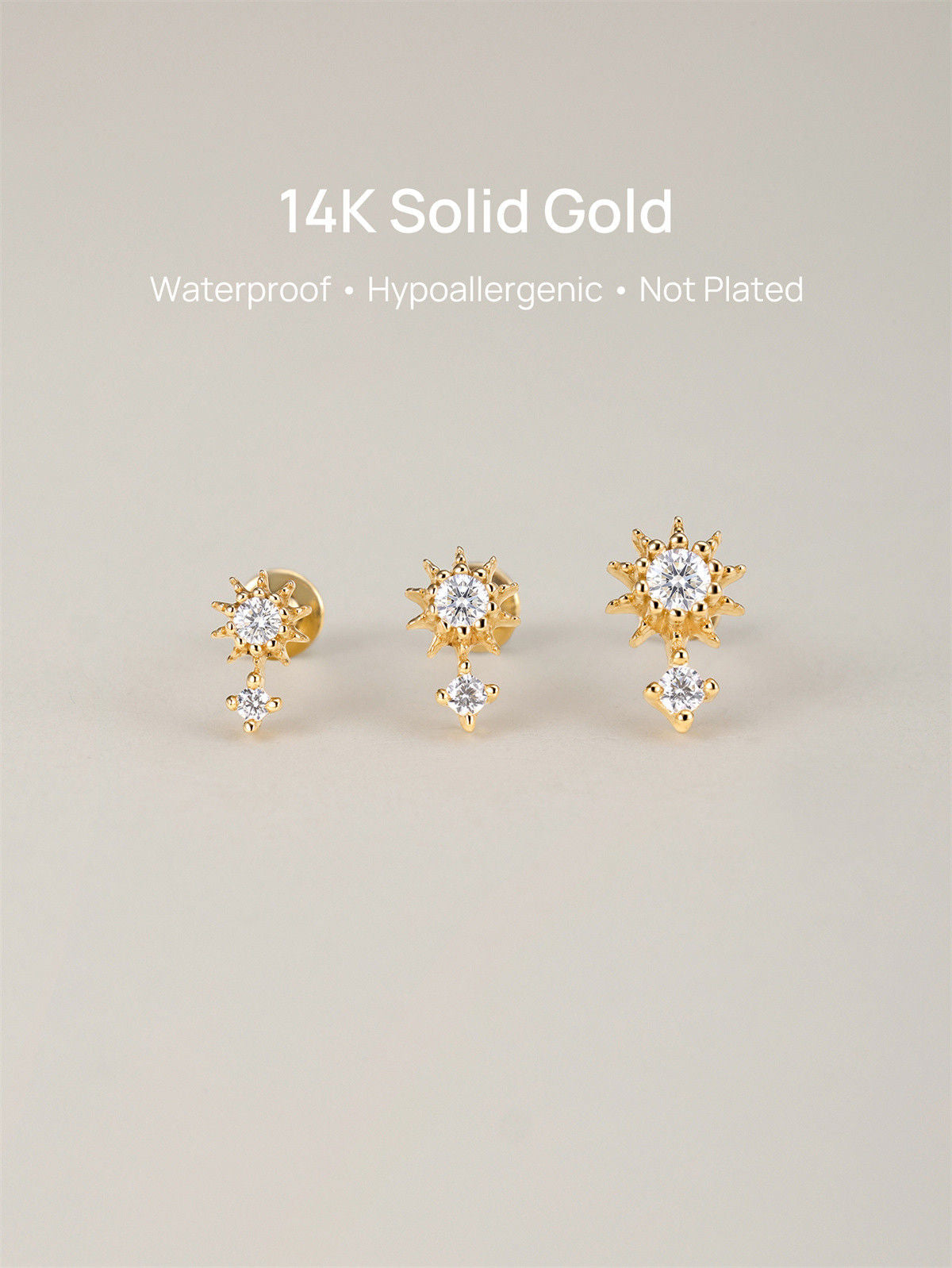 KOSINER 14K Solid Gold Sunflower Stud, Polished Finish, Tarnish Resistant & Waterproof Flat Back Earring