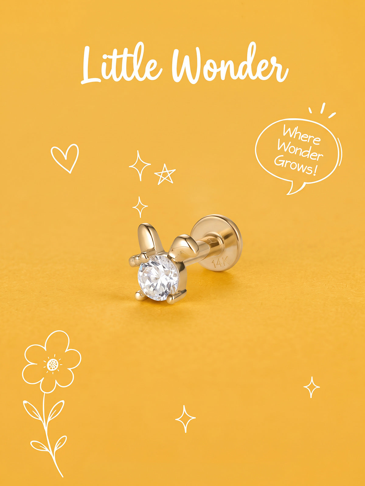 Little Wonder 14K solid gold rabbit flat back stud on an orange background