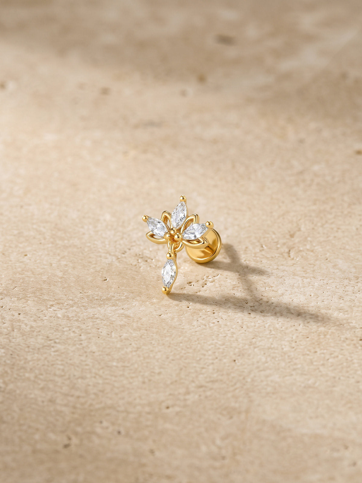 At Dawn lotus flat back stud with sparkling marquise-cut drop