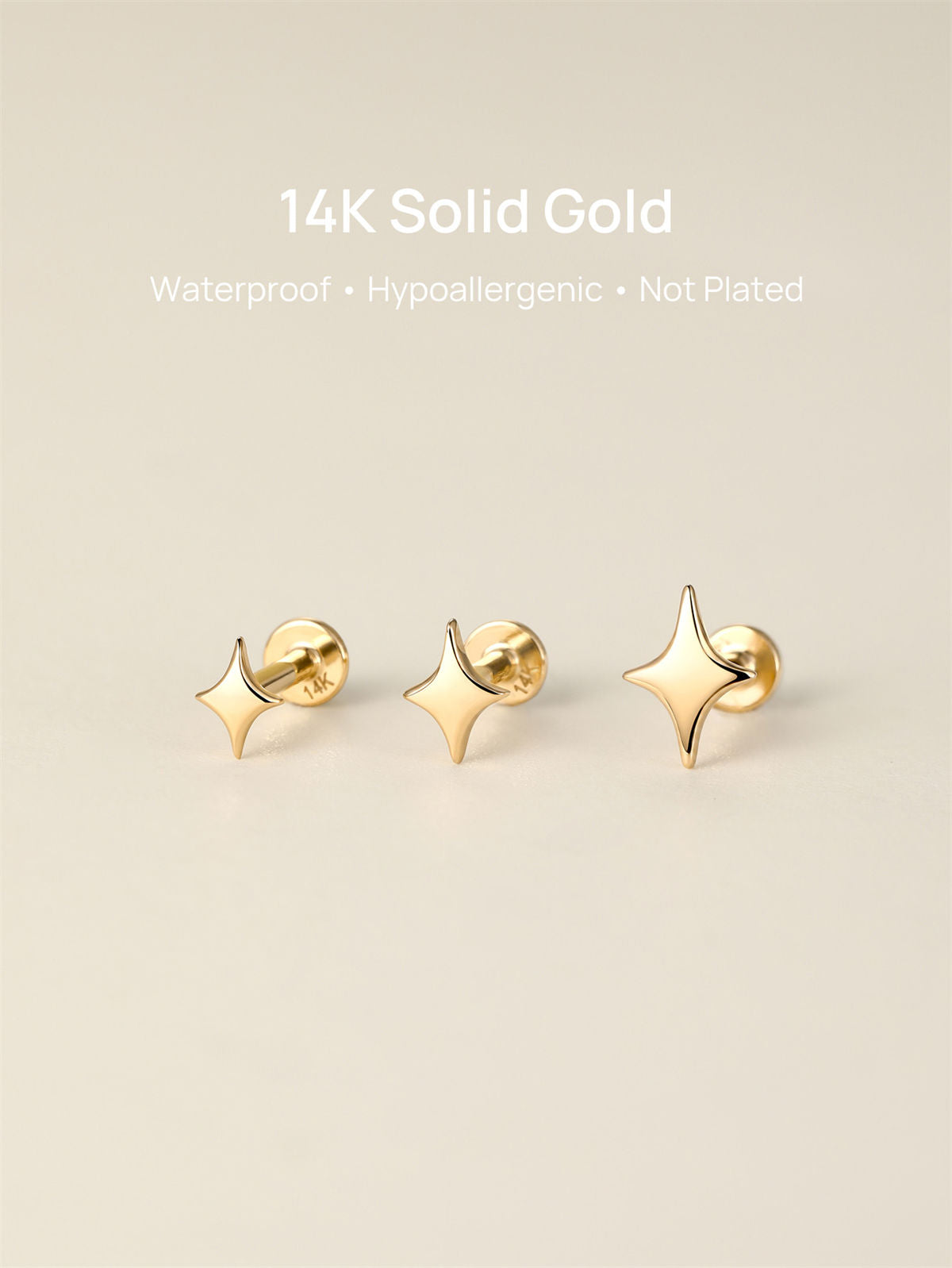 KOSINER glossy polished star flat back stud, hypoallergenic and durable for sensitive skin