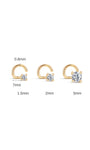 Technical size diagram for KOSINER twist nose hook, marked total length 7mm, wire thickness 0.8mm, stone sizes 1.5mm / 2mm / 3mm for size selection reference