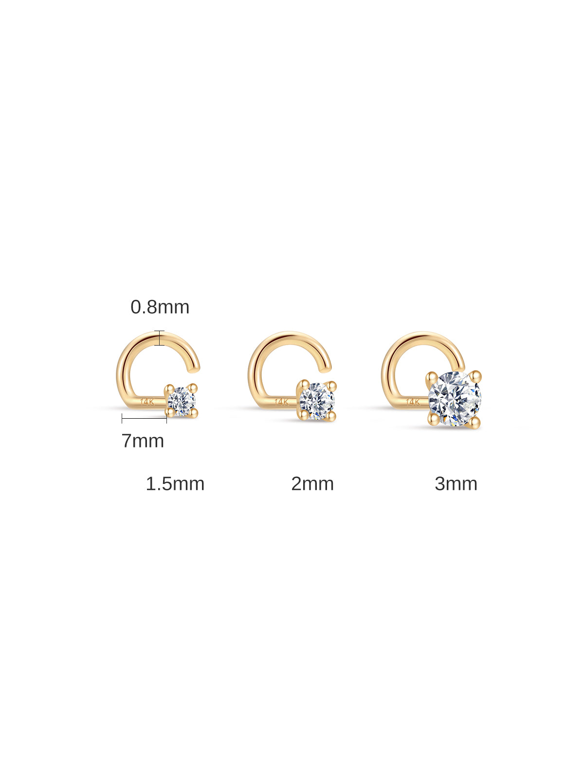 Technical size diagram for KOSINER twist nose hook, marked total length 7mm, wire thickness 0.8mm, stone sizes 1.5mm / 2mm / 3mm for size selection reference