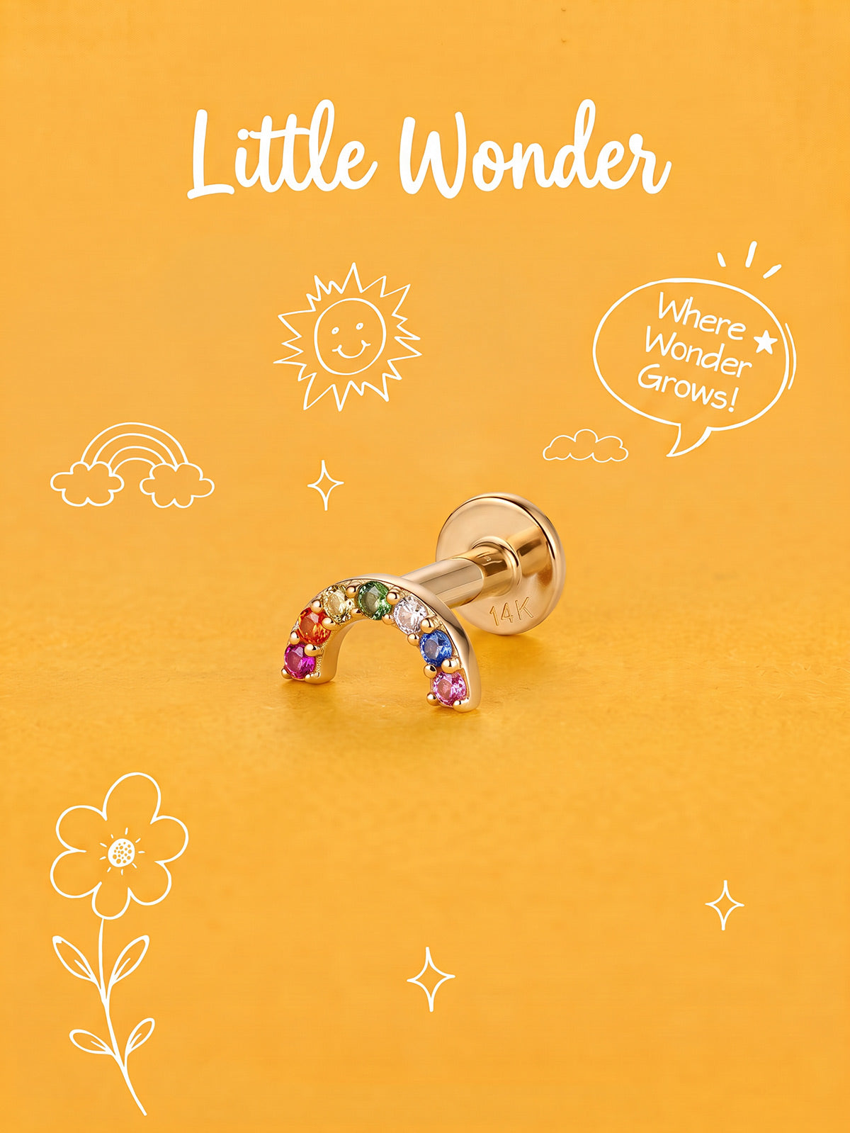 Little Wonder 14K solid gold rainbow flat back stud on an orange background