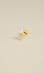14K solid gold triangle tassel flat back stud, trillion cut cubic zirconia dangle cartilage earring, KOSINER gold piercing jewelry on neutral beige background