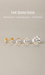 Size lineup of KOSINER 14K solid gold lab-grown diamond flat back studs on neutral reflective backdrop, headline text: 14K Solid Gold, Waterproof, Hypoallergenic, Not Plated premium piercing jewelry