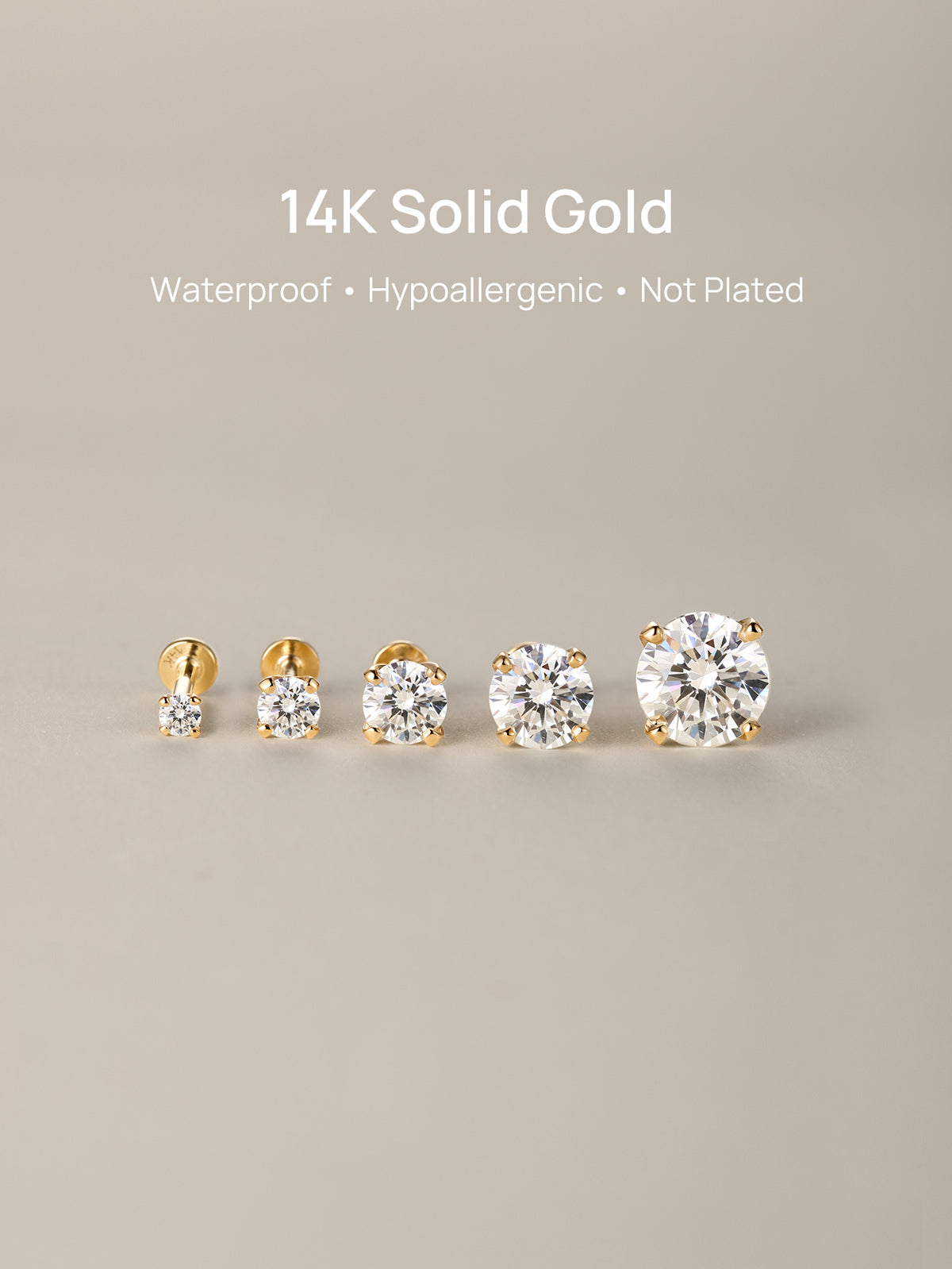 Size lineup of KOSINER 14K solid gold lab-grown diamond flat back studs on neutral reflective backdrop, headline text: 14K Solid Gold, Waterproof, Hypoallergenic, Not Plated premium piercing jewelry