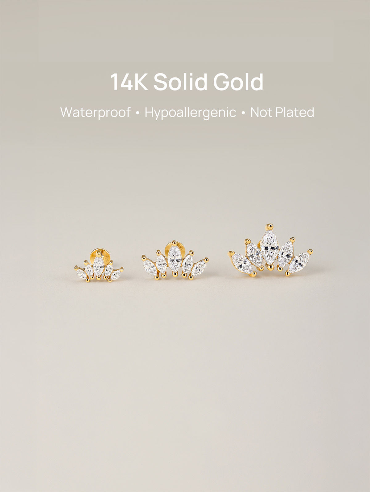 KOSINER 14K Solid Gold Crown Marquise Zircon Ear Piercing Stud,waterproof,hypoallergentic,no plated.