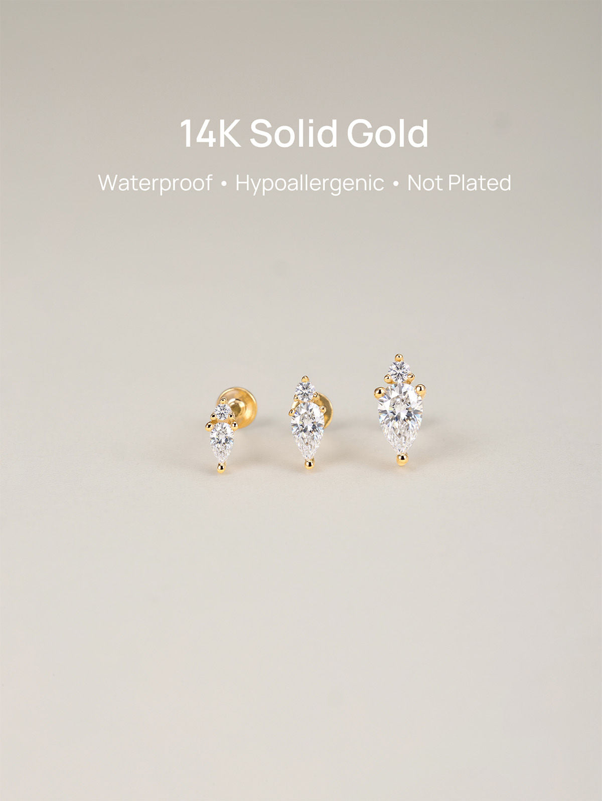 KOSINER 14K Solid Gold Minimalist Two Stone Pear Cut Flat Back Piercing Stud, Nickel-Free Waterproof Dainty Elegant Cartilage Earring for Multi Piercing