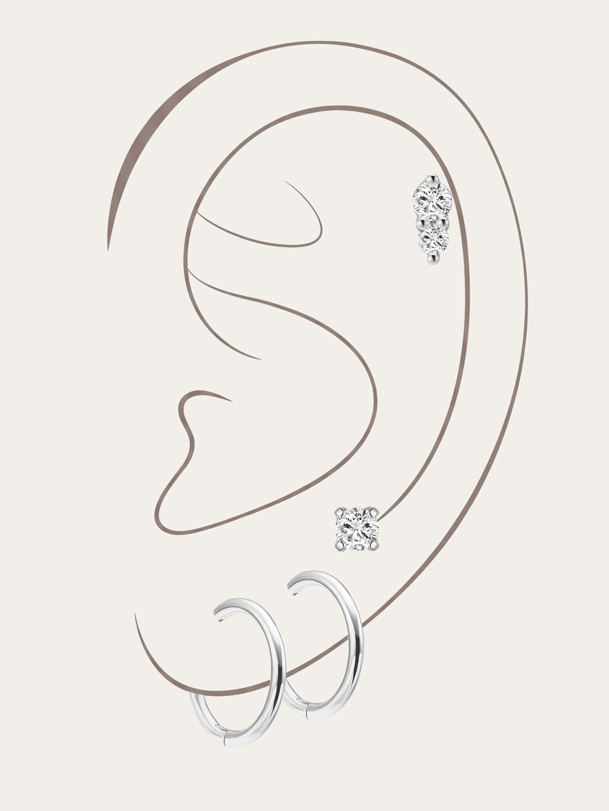 Kosiner 14K Solid Gold Flatback Earrings Ear Stack with CZ Studs and Mini Hoops on Ea