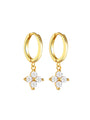 18kt gold plated sterling silver hoop earrings with geometric clover cubic zirconia charm for lobe and helix piercings.