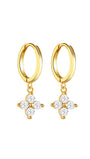 18kt gold plated sterling silver hoop earrings with geometric clover cubic zirconia charm for lobe and helix piercings.