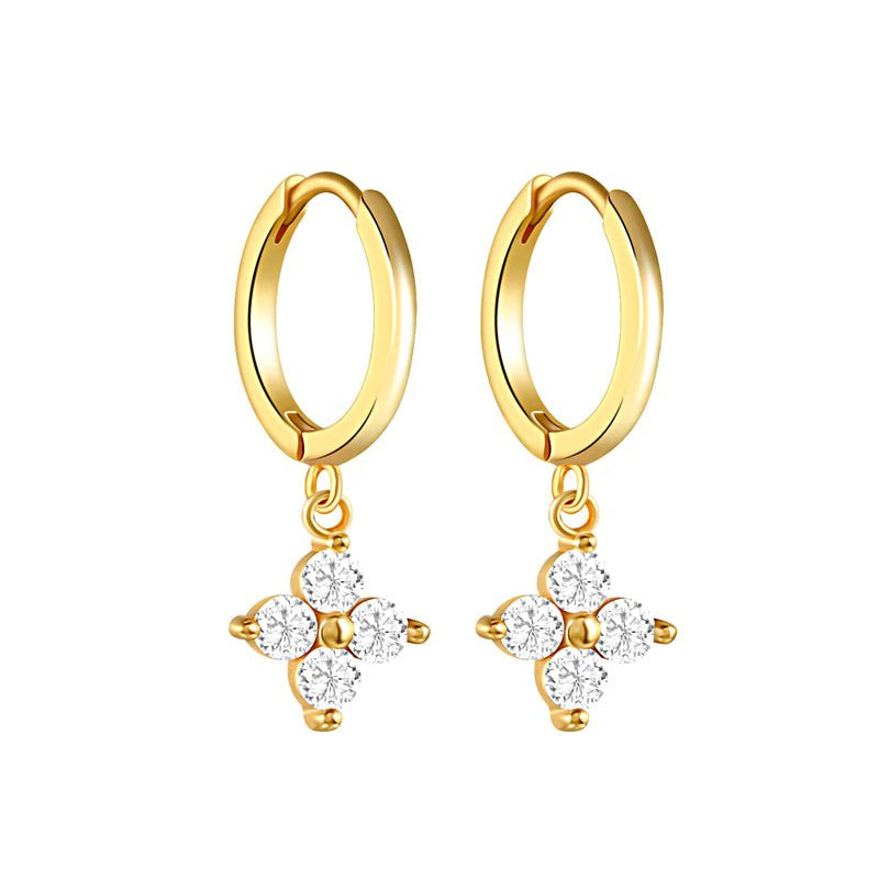 18kt gold plated sterling silver hoop earrings with geometric clover cubic zirconia charm for lobe and helix piercings.